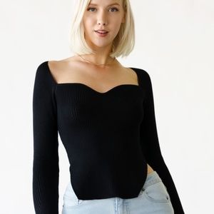 Square Neck Long Sleeve Ribbed Knitted Sweater Top